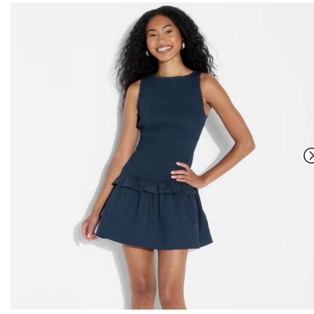 Wild Fable High Neck Smocked Mini A-Line Dress Navy Blue Size Medium